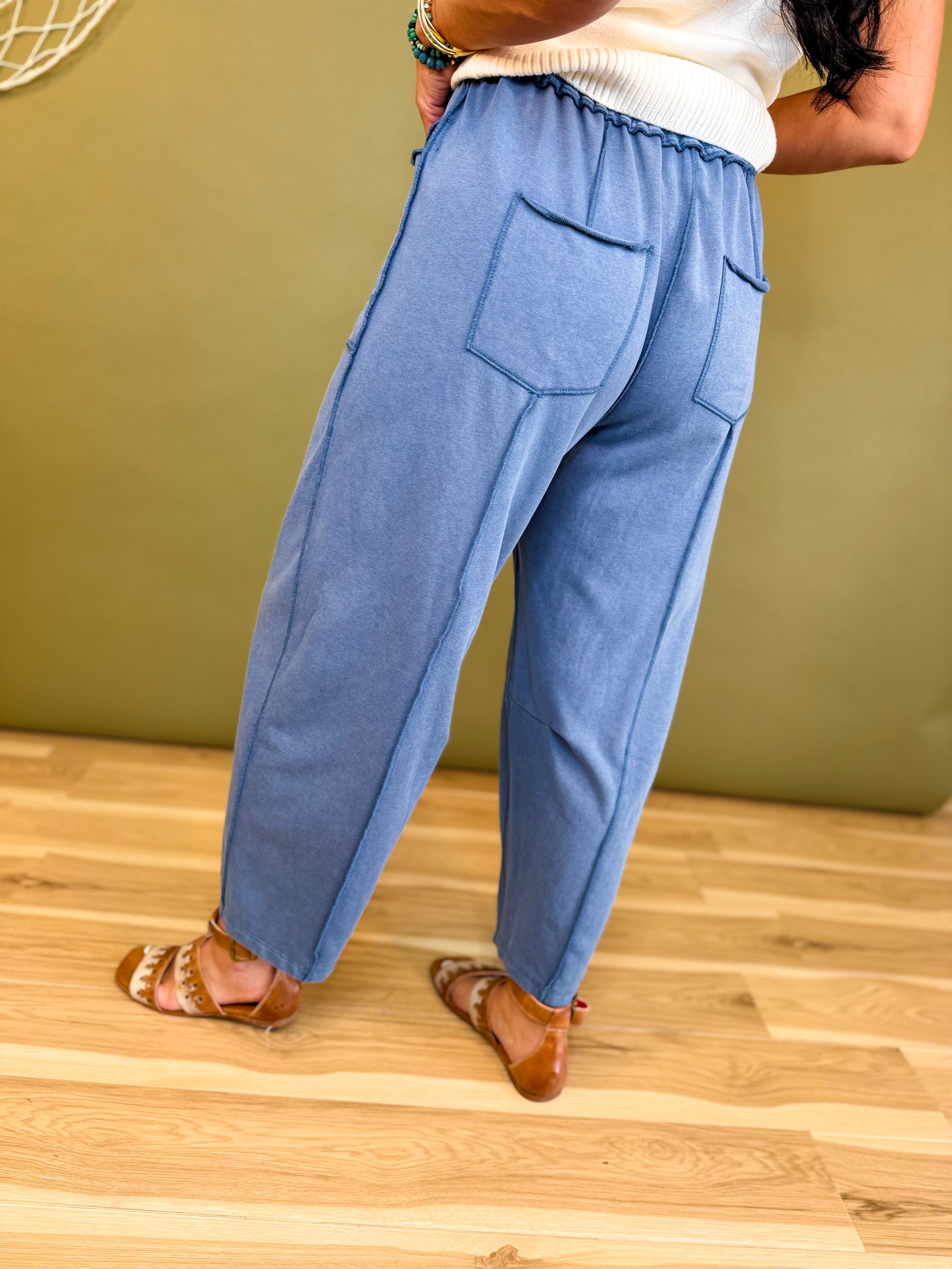 Mineral Wash Barrel Fit Utility Knit Pants - Midnight - Lace and Grace Boutique