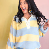 Wide Striped Collared Knit Sweater - Blue/Yellow - Lace and Grace Boutique