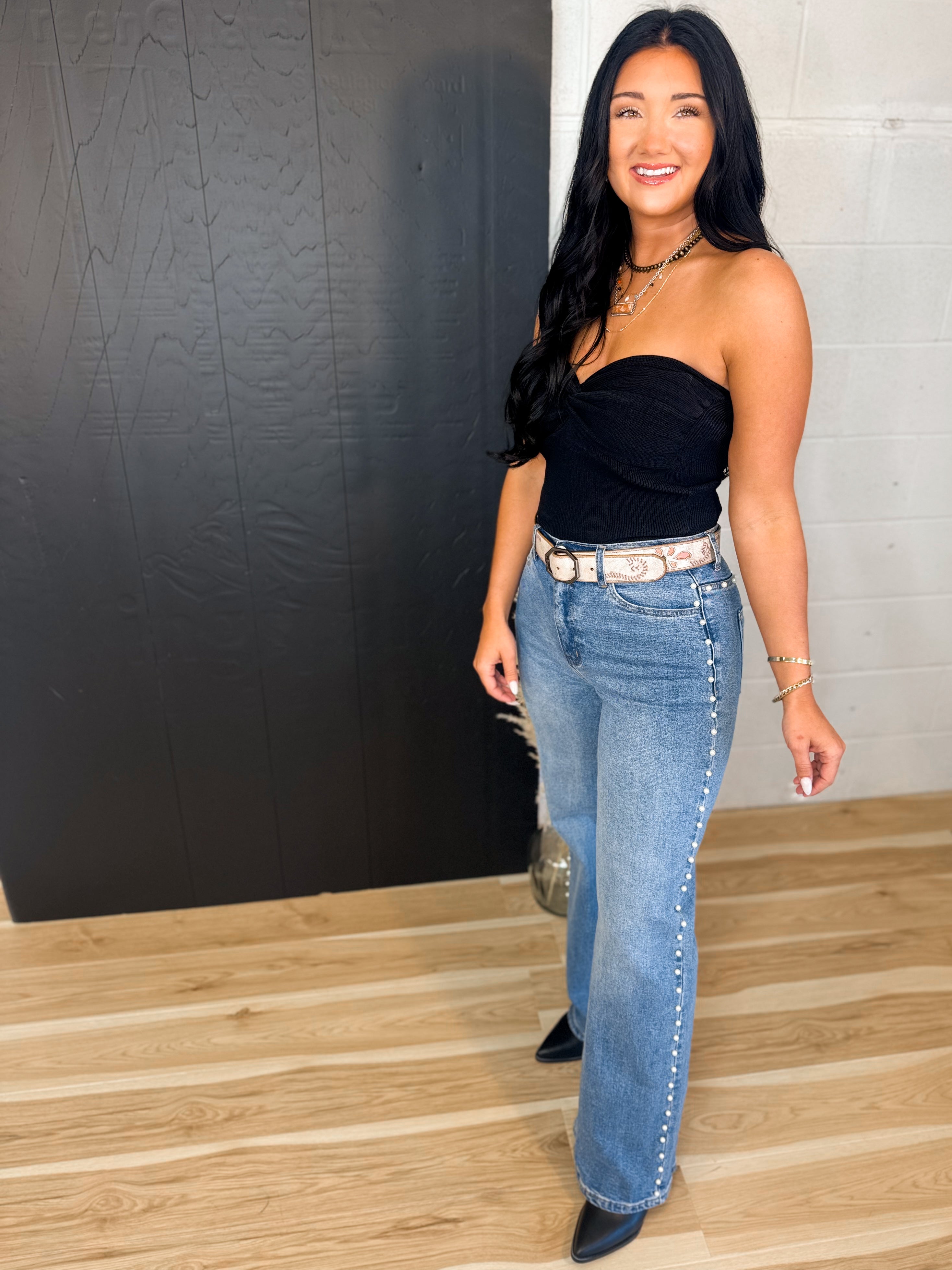 Pearl Detail High-Rise Wide Leg Jeans - Medium - Lace and Grace Boutique
