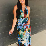 Floral Satin Halter Neck Midi Dress - Blue Multi