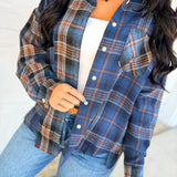 Plaid Patchwork Button Up Flannel Top - Navy
