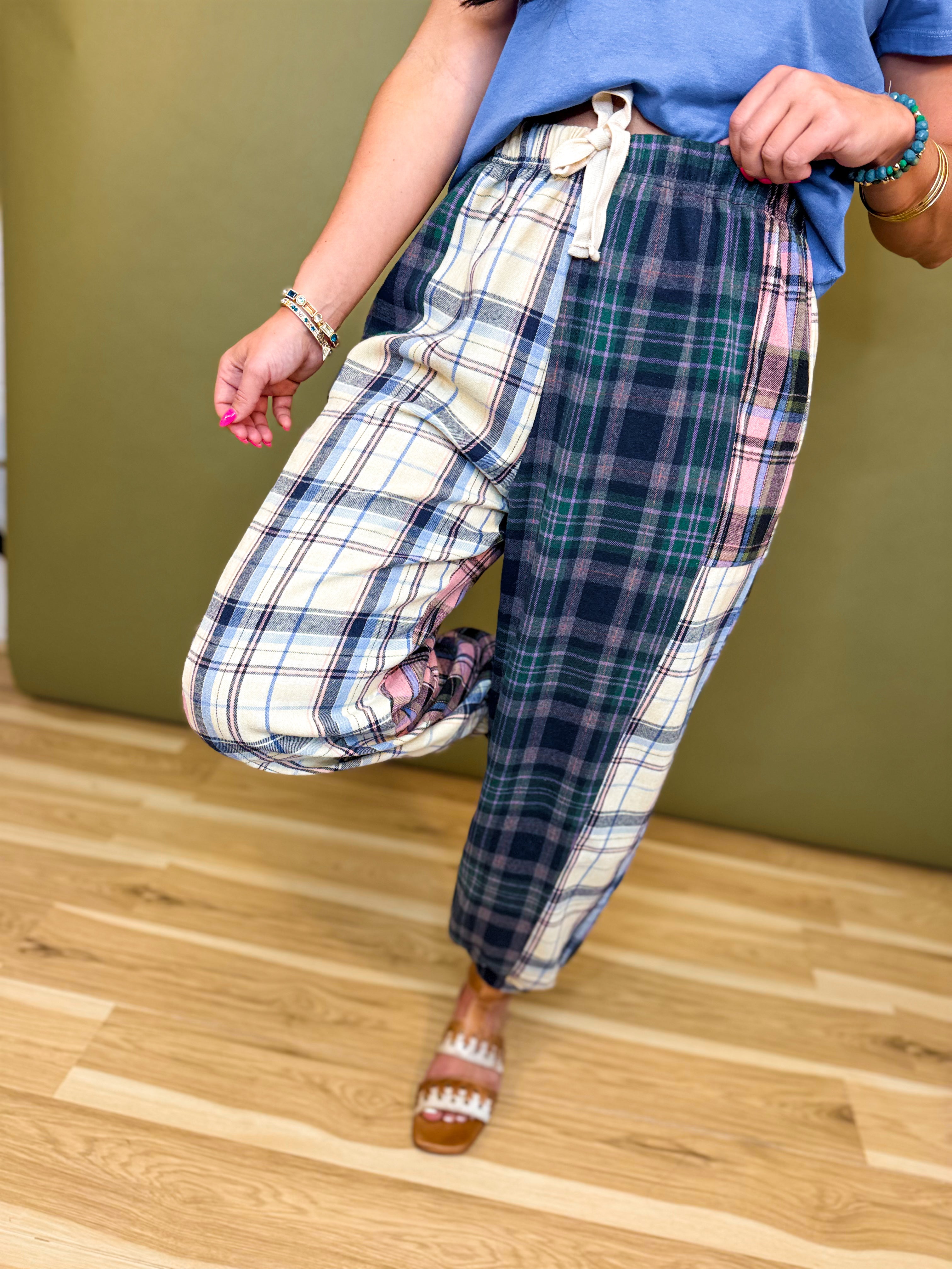 Mixed Plaid Drawstring Pants - Green Multi - Lace and Grace Boutique