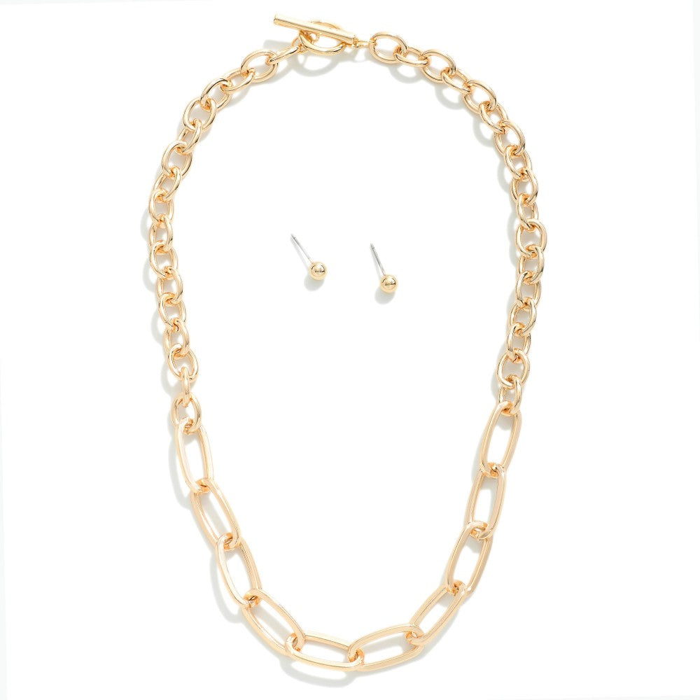 Paper Clip & Circle Chain Necklace With Stud Earrings - Lace and Grace Boutique