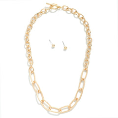 Paper Clip & Circle Chain Necklace With Stud Earrings - Lace and Grace Boutique