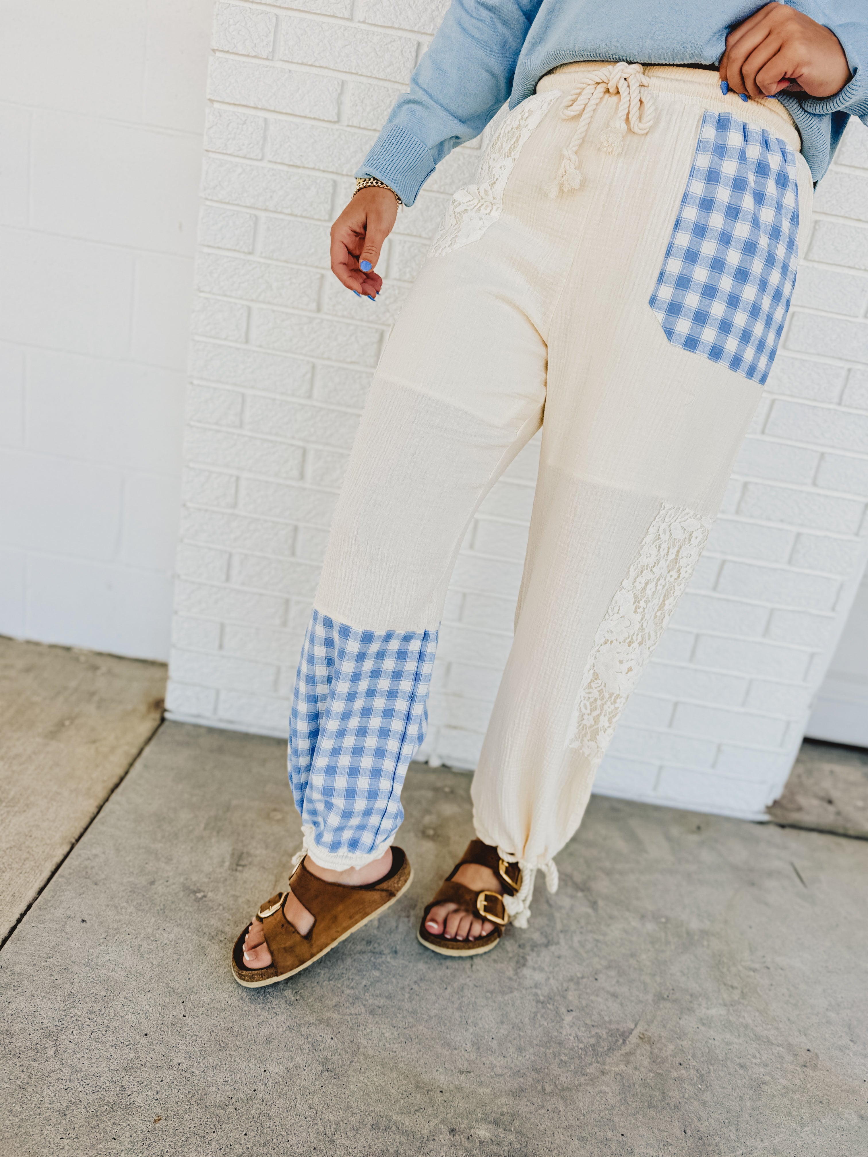 Patchwork Cotton Gauze Wide Leg Pants - Cream - Lace and Grace Boutique