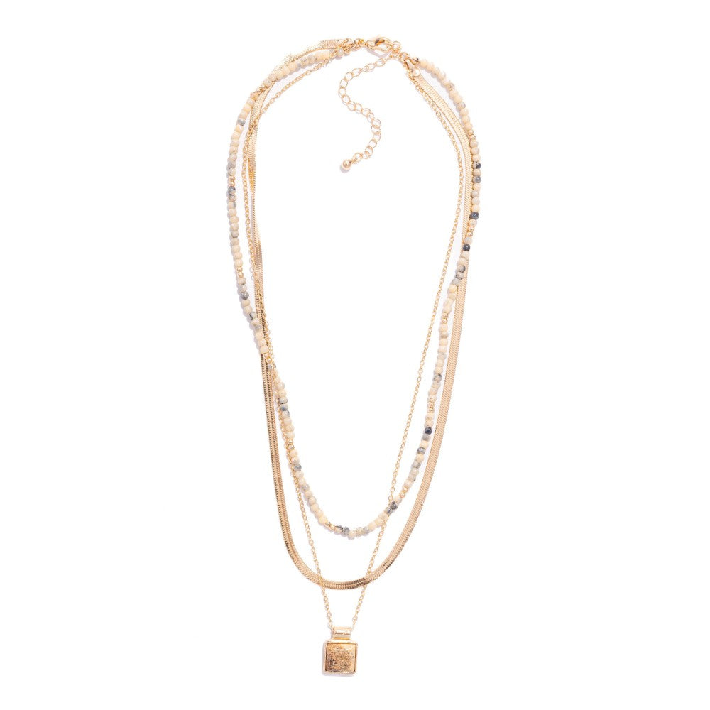 Square Stone Pendant Layered Beaded Necklace - Lace and Grace Boutique