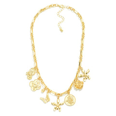 Chain Link Charm Necklace Featuring Floral Metal Tones - Lace and Grace Boutique