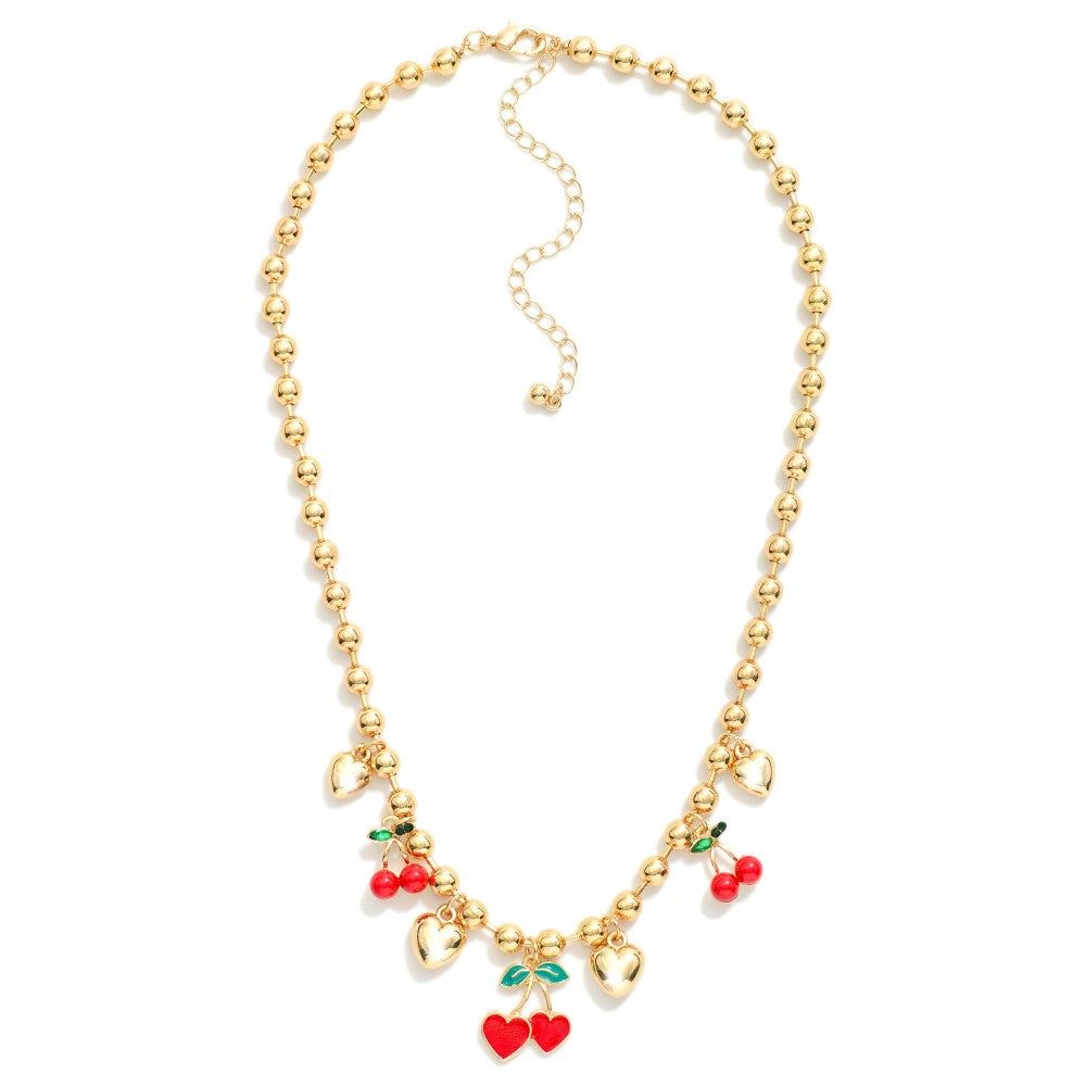 Beaded Cherry & Puffy Heart Charm Necklace - Lace and Grace Boutique