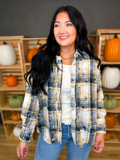 Distressed Plaid Button Up Flannel Top - Navy Multi - Lace and Grace Boutique