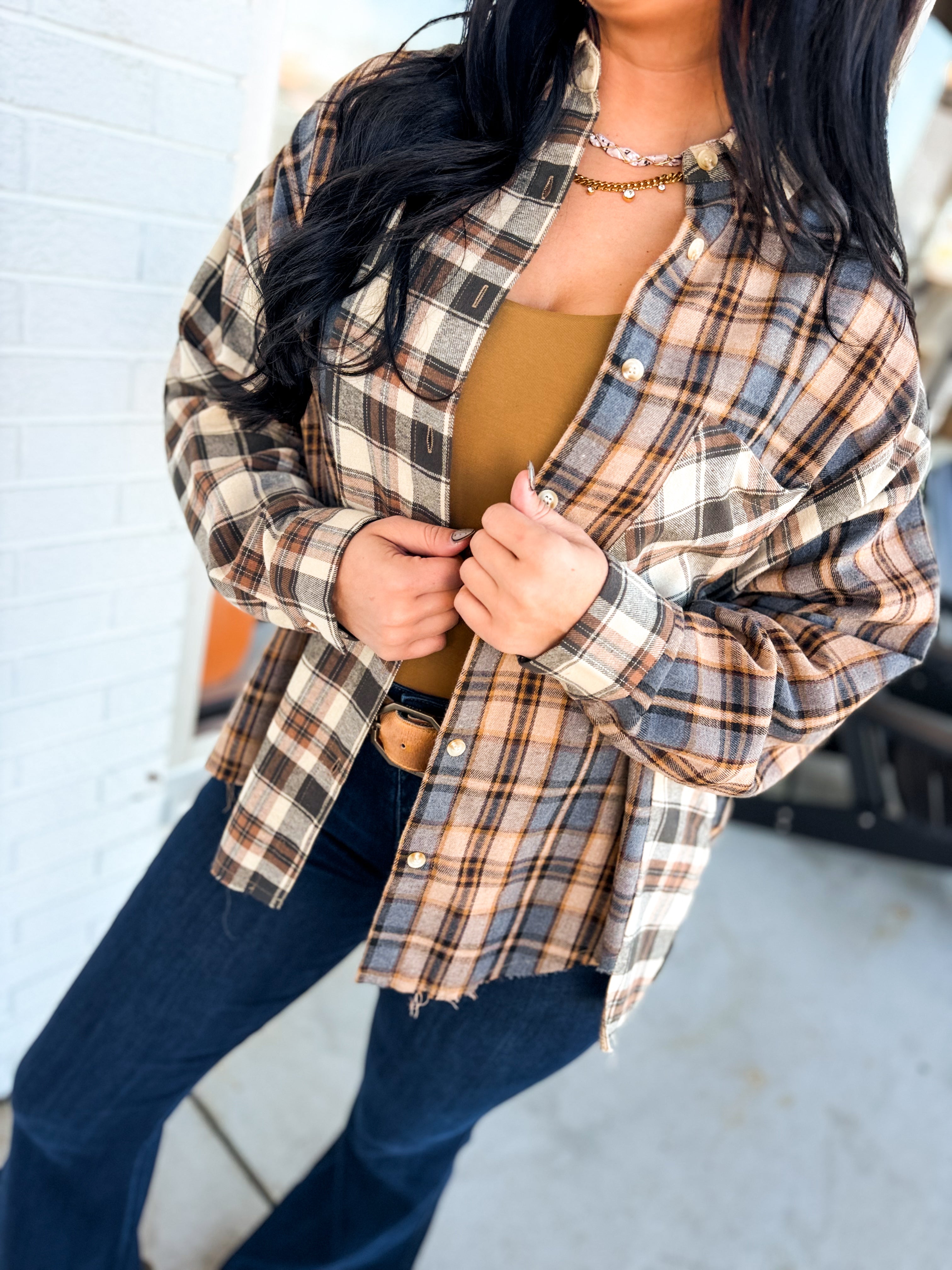 Oversized Mixed Plaid Button Down Flannel Shirt - Oat - Lace and Grace Boutique