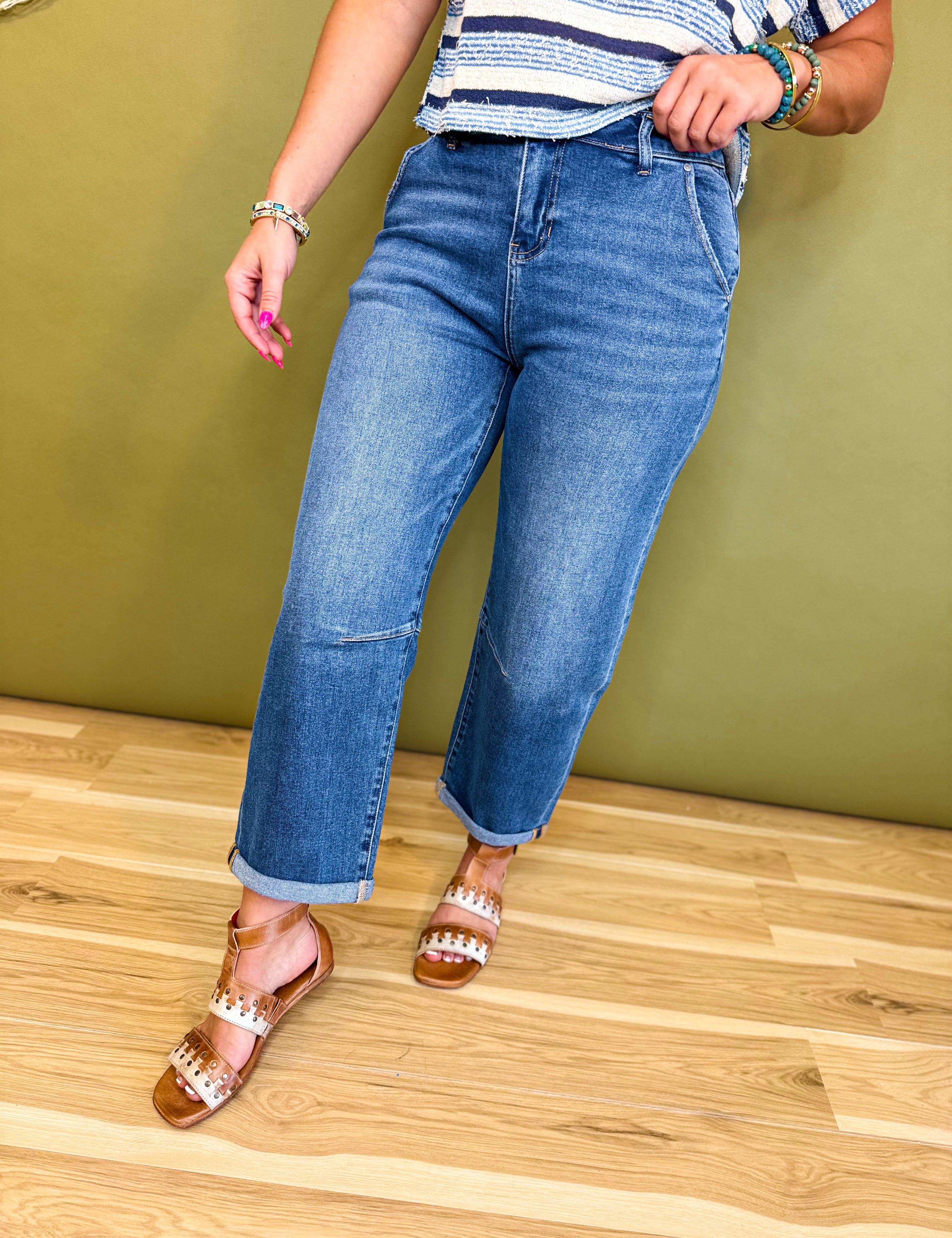Stretch Denim Cuffed Barrel Leg Jean - Medium - Lace and Grace Boutique