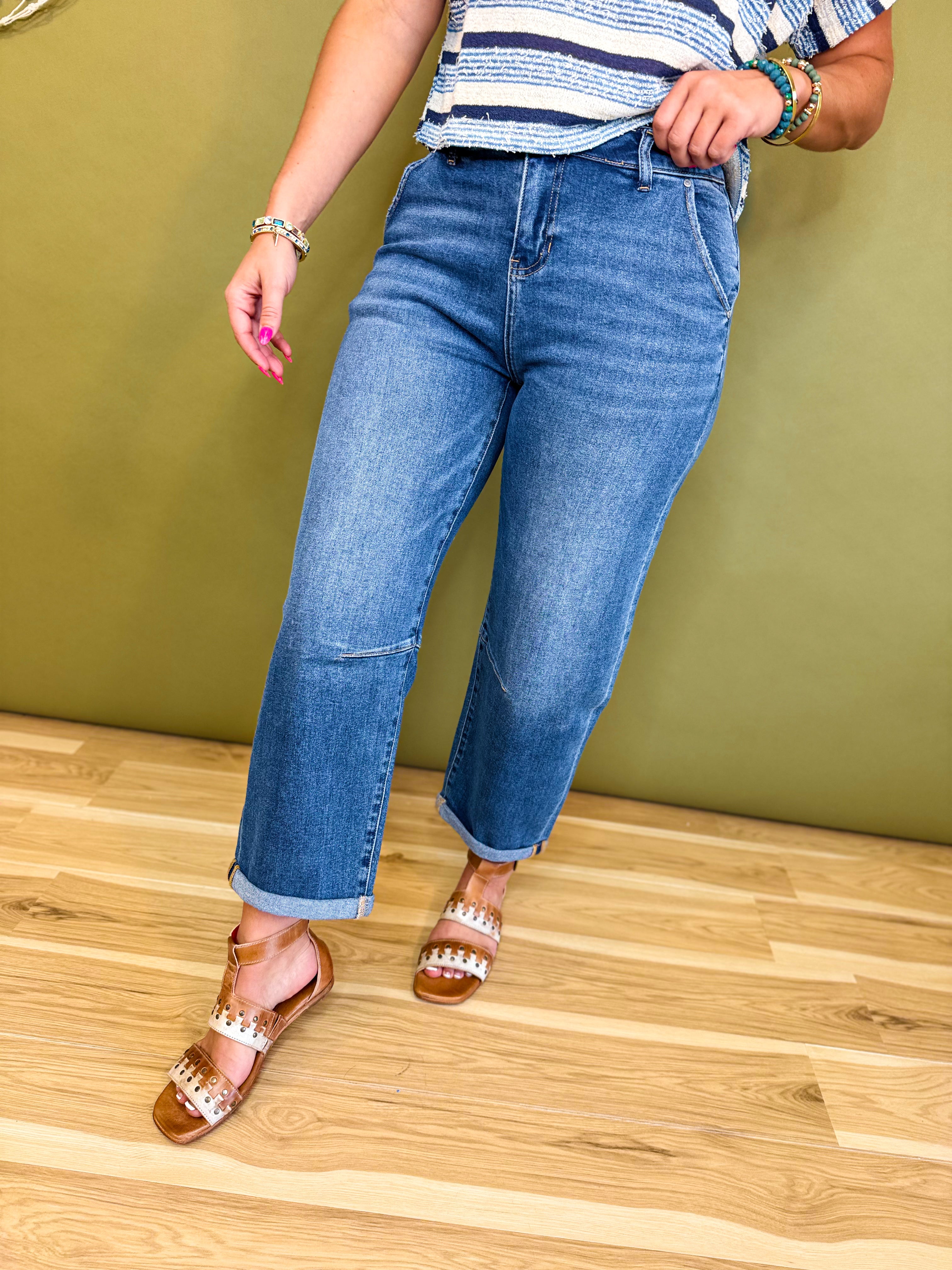 Stretch Denim Cuffed Barrel Leg Jean - Medium - Lace and Grace Boutique