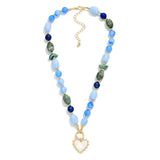 Marbled Beaded Heart Pendant Necklace - Blue