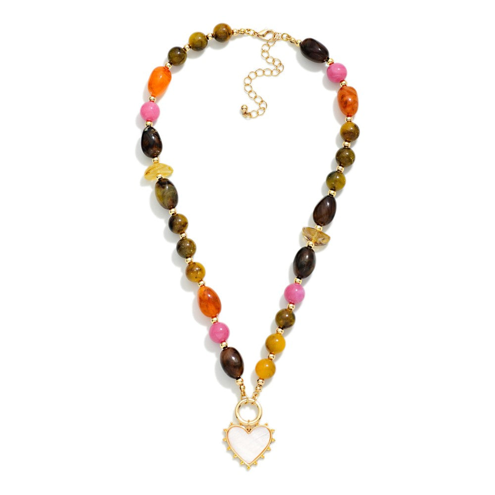 Marbled Beaded Heart Pendant Necklace - Brown - Lace and Grace Boutique