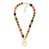 Marbled Beaded Heart Pendant Necklace - Brown