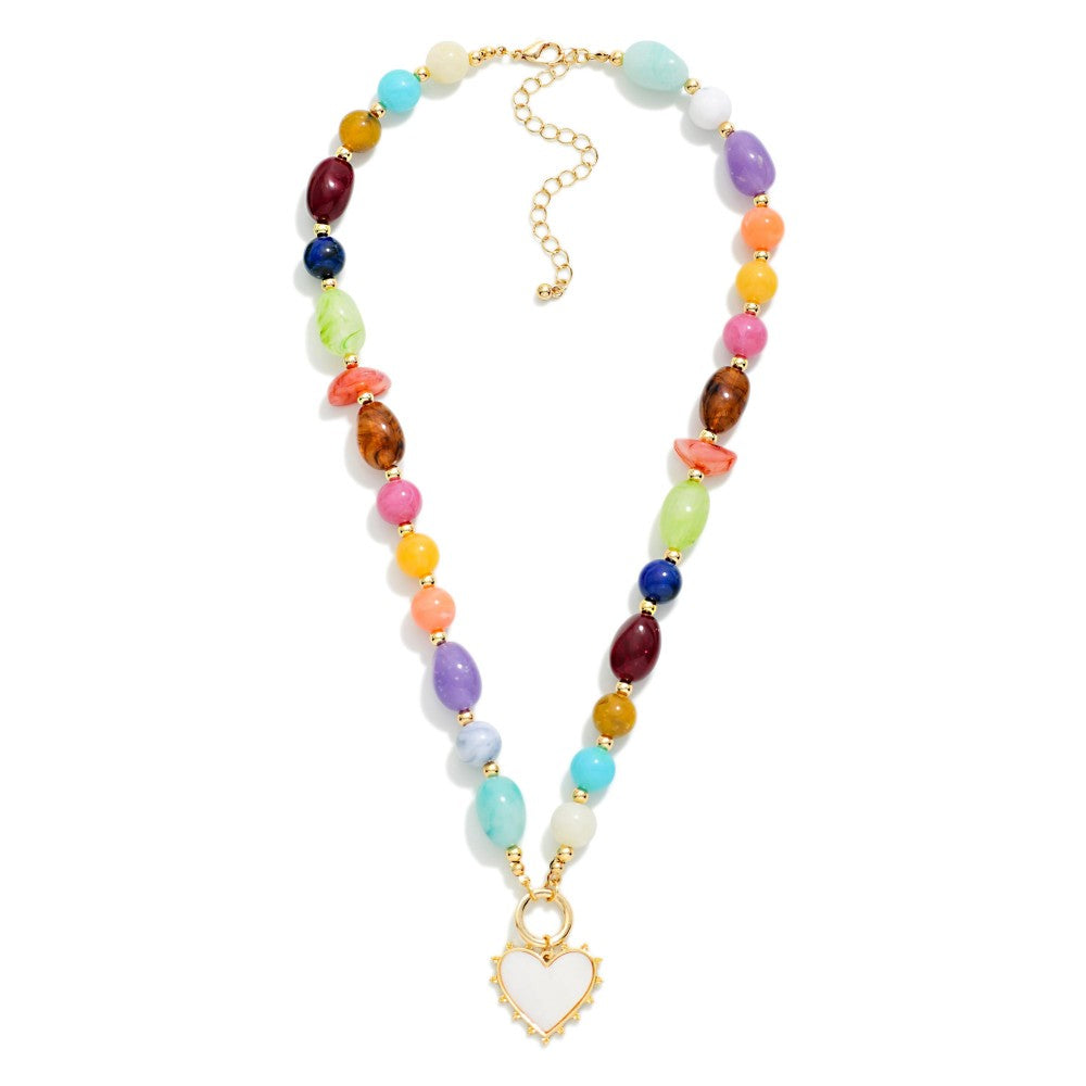 Marbled Beaded Heart Pendant Necklace - Multicolor - Lace and Grace Boutique