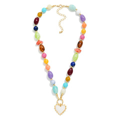 Marbled Beaded Heart Pendant Necklace - Multicolor - Lace and Grace Boutique