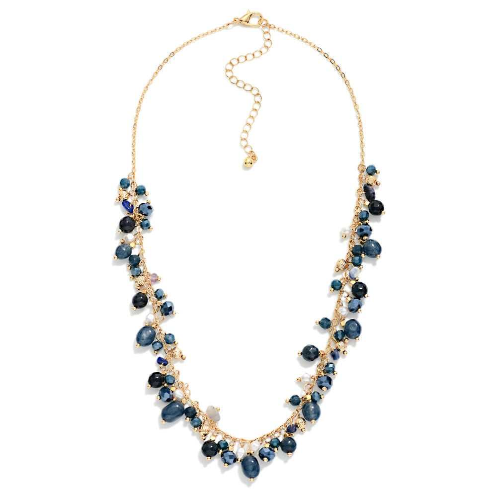 Dangle Beaded Charm Chain Link Necklace - Navy - Lace and Grace Boutique