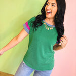 Ribbed Color Block Top - Kelly Green - Lace and Grace Boutique