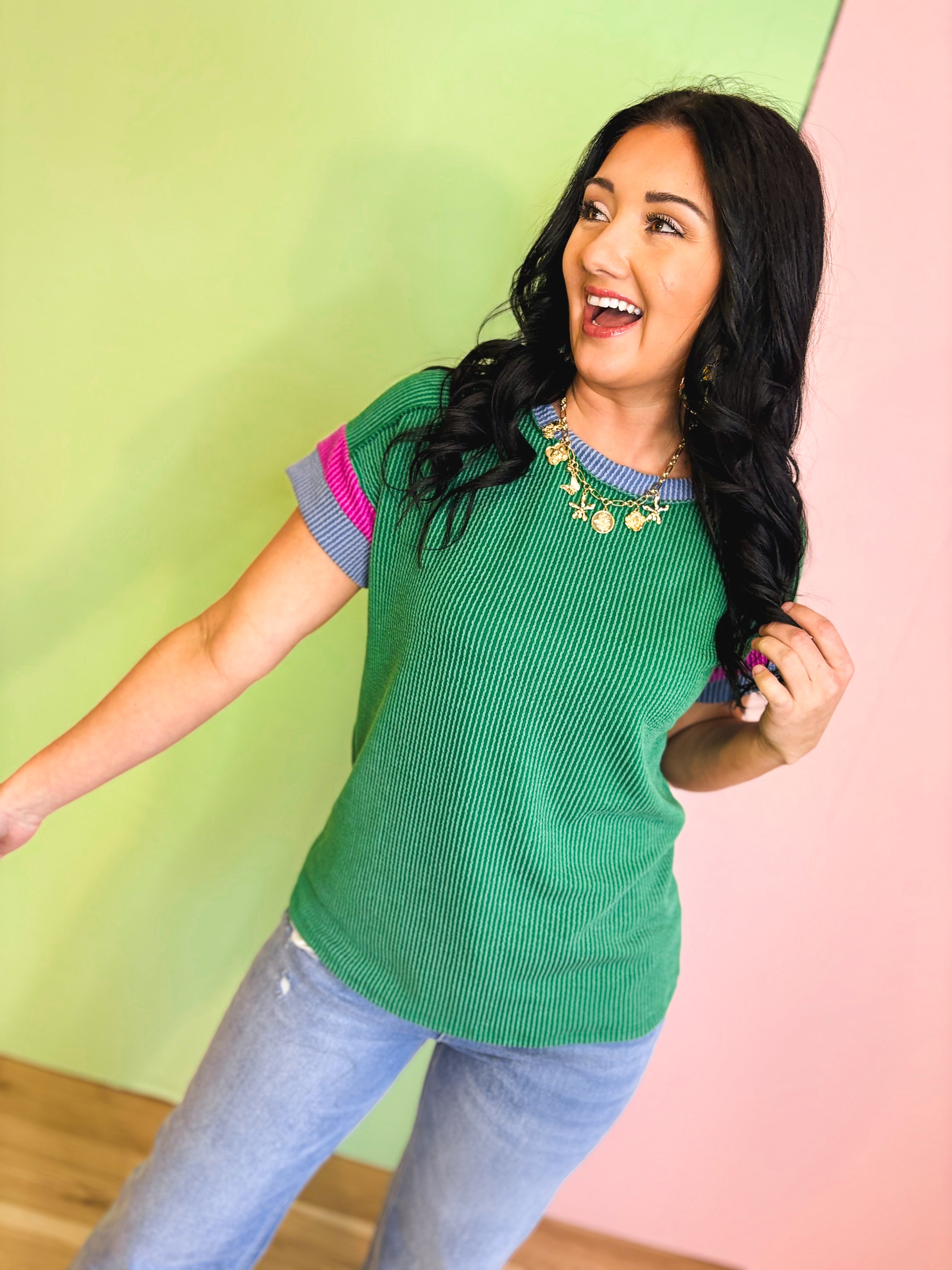 Ribbed Color Block Top - Kelly Green - Lace and Grace Boutique