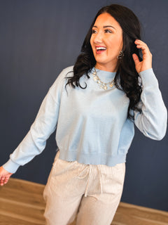 Basic Drop Shoulder Crewneck Sweater - Sky - Lace and Grace Boutique