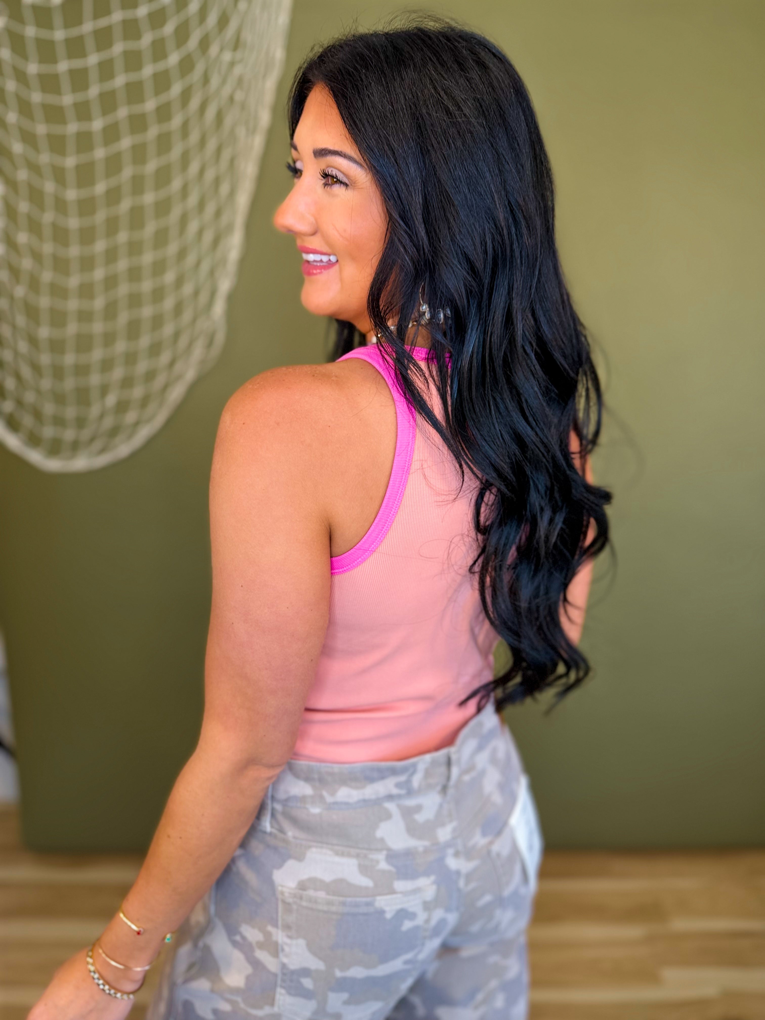 Contrast Trim Racerback Tank Top - Coral/Punch - Lace and Grace Boutique