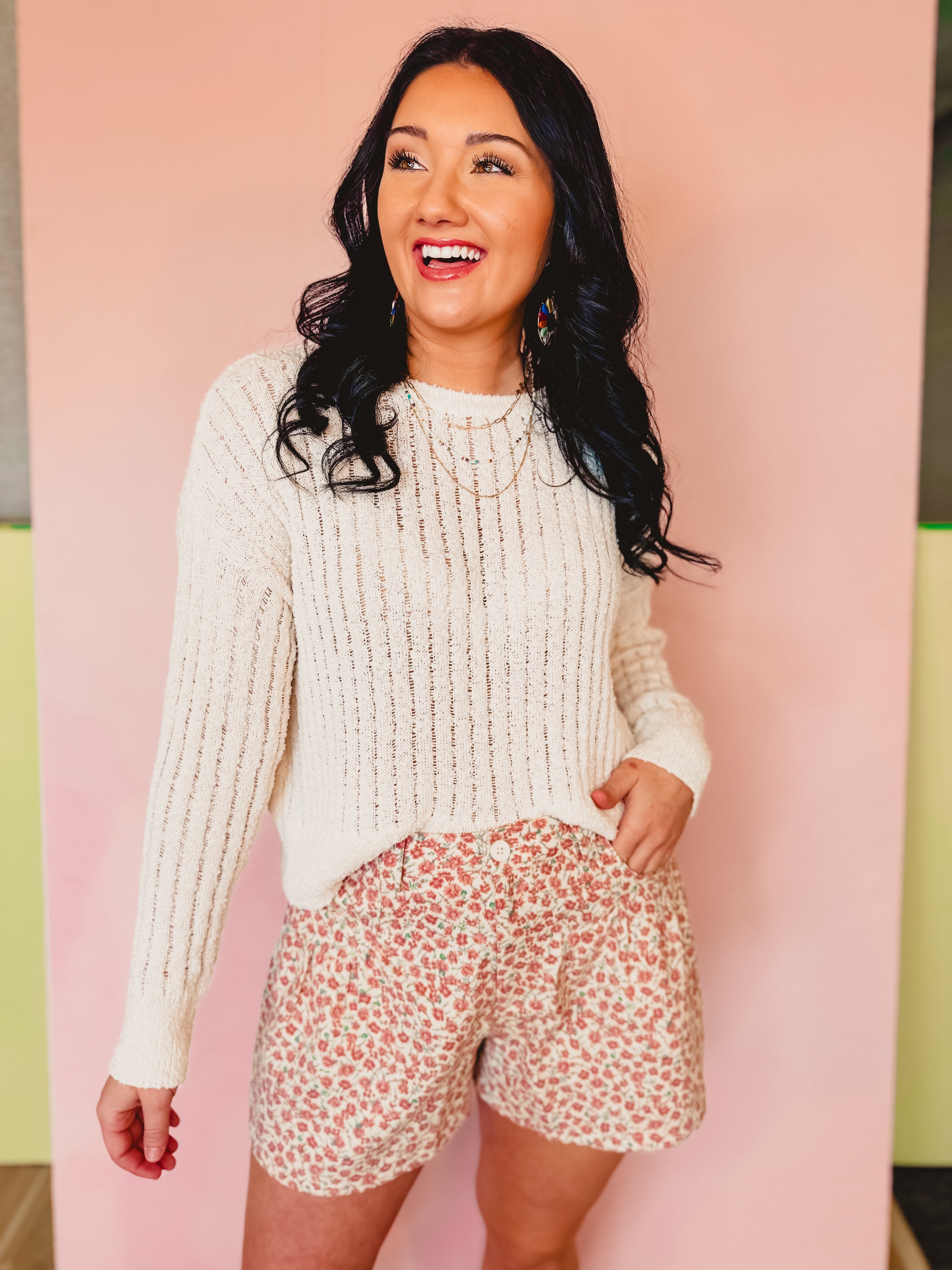 Floral Wide Leg Shorts - Cream/Mauve - Lace and Grace Boutique