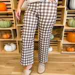 Gingham Wide Leg Crop Stretch Denim Pants - Brown Combo - Lace and Grace Boutique
