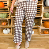 Gingham Wide Leg Crop Stretch Denim Pants - Brown Combo - Lace and Grace Boutique