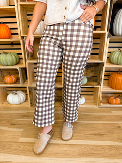 Gingham Wide Leg Crop Stretch Denim Pants - Brown Combo - Lace and Grace Boutique