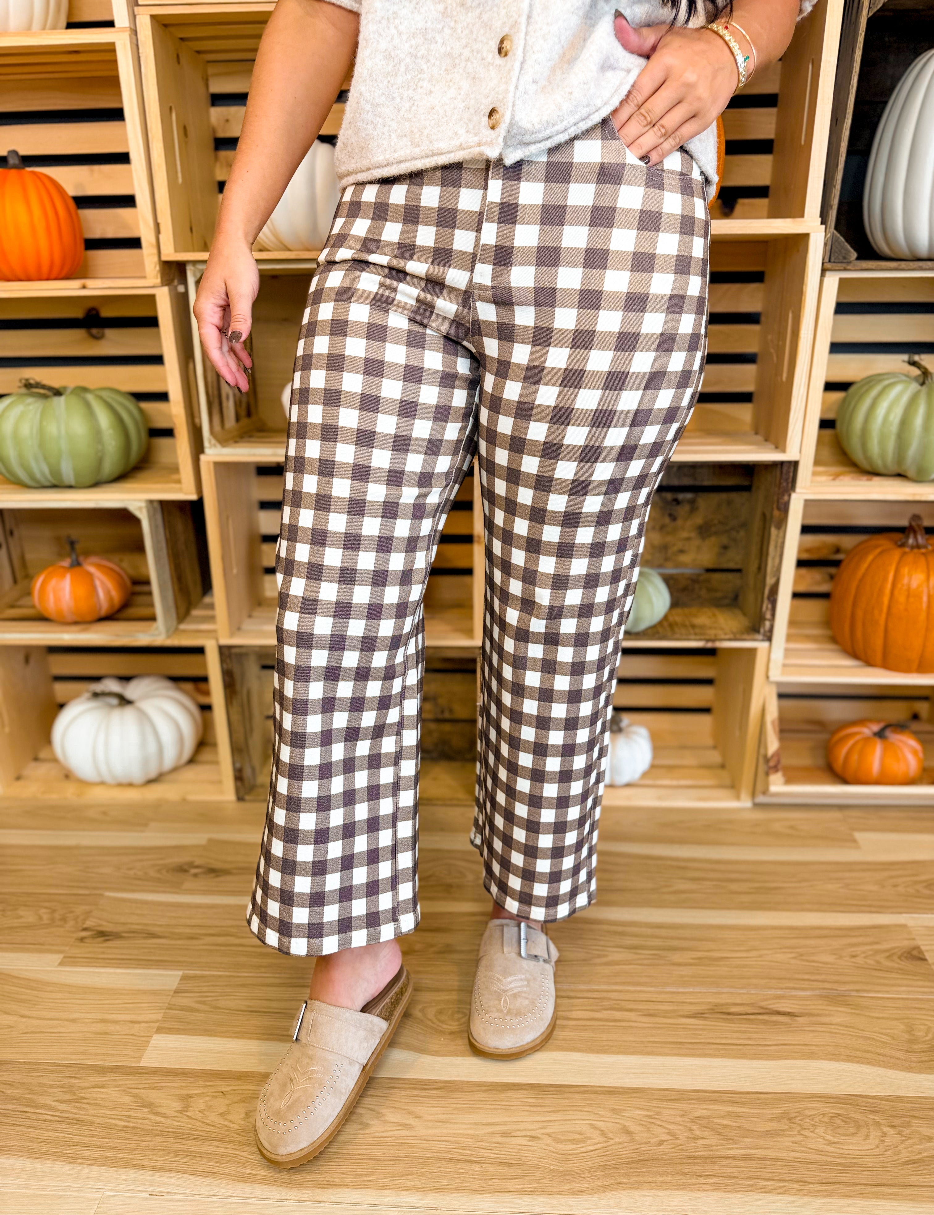 Gingham Wide Leg Crop Stretch Denim Pants - Brown Combo - Lace and Grace Boutique