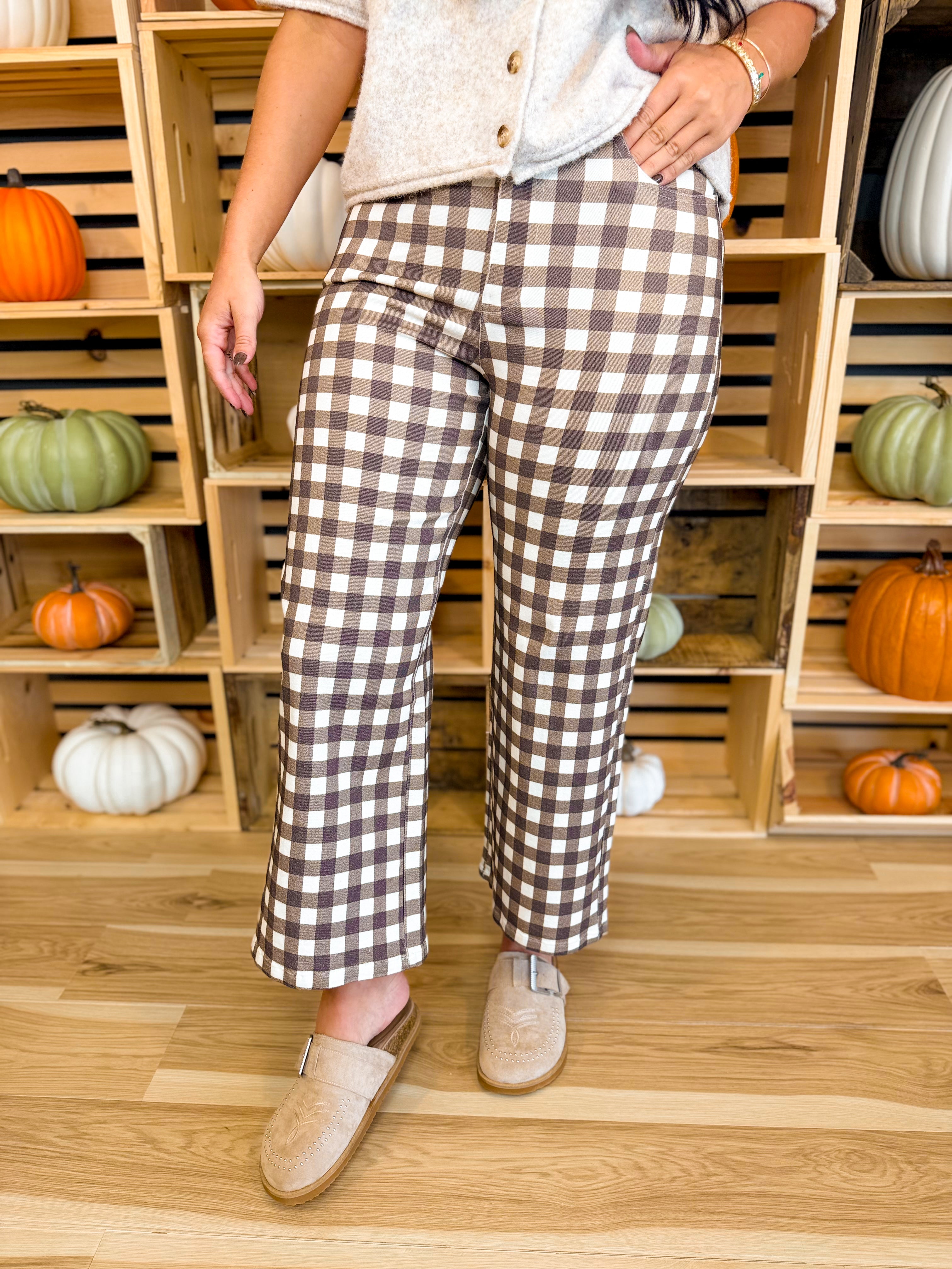 Gingham Wide Leg Crop Stretch Denim Pants - Brown Combo - Lace and Grace Boutique
