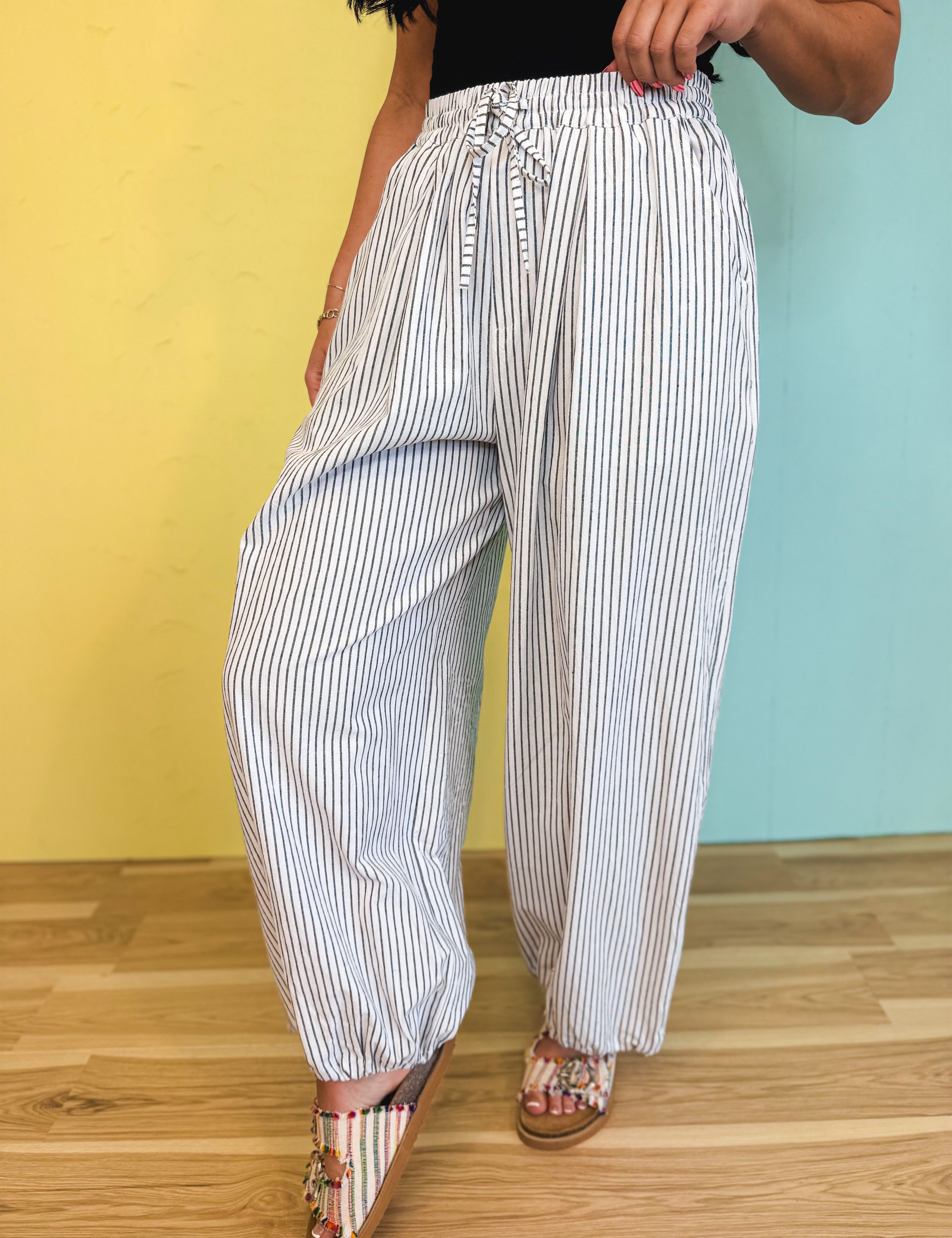 Striped Balloon Wide Leg Pants - White/Black - Lace and Grace Boutique