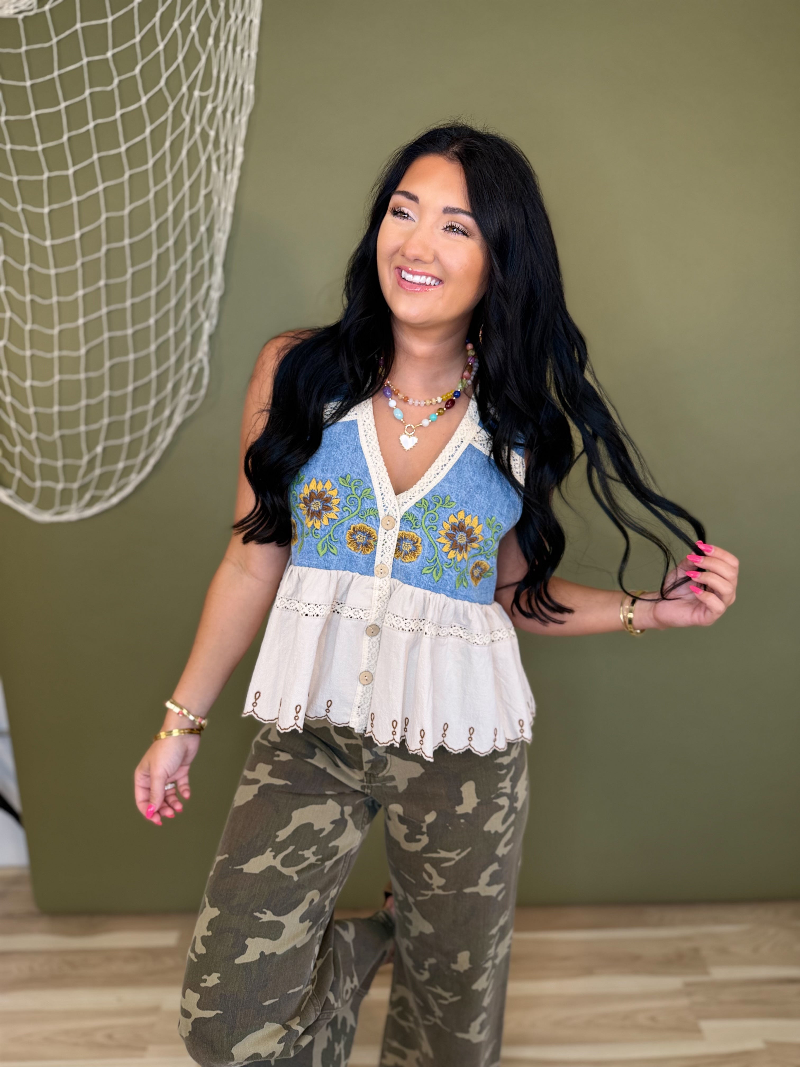 Oli & Hali Sunflower Embroidery Washed Denim Vest - Lace and Grace Boutique