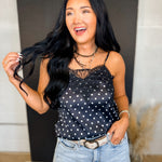Polka Dot Lace Trim Satin Camisole Tank Top - Black - Lace and Grace Boutique