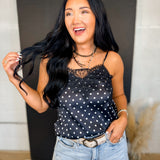 Polka Dot Lace Trim Satin Camisole Tank Top - Black - Lace and Grace Boutique