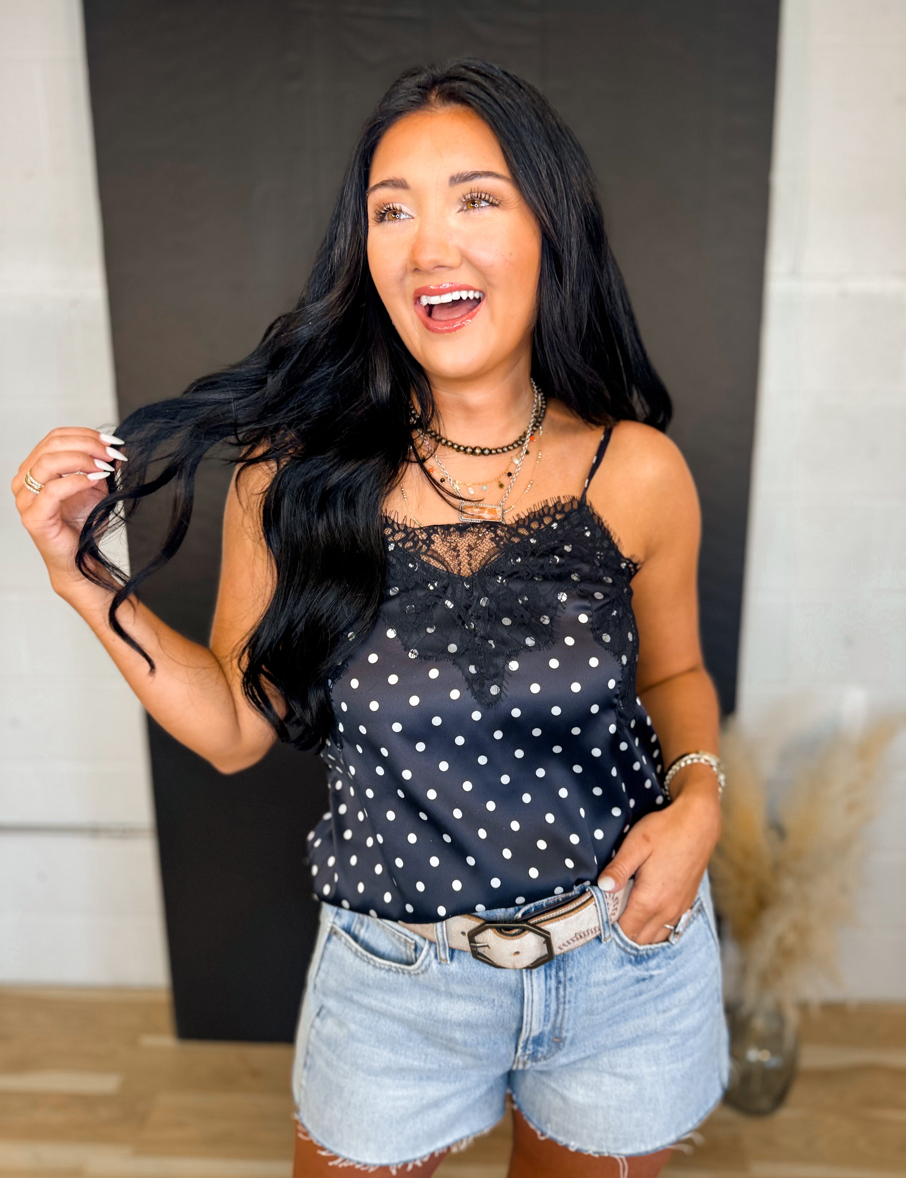 Polka Dot Lace Trim Satin Camisole Tank Top - Black - Lace and Grace Boutique