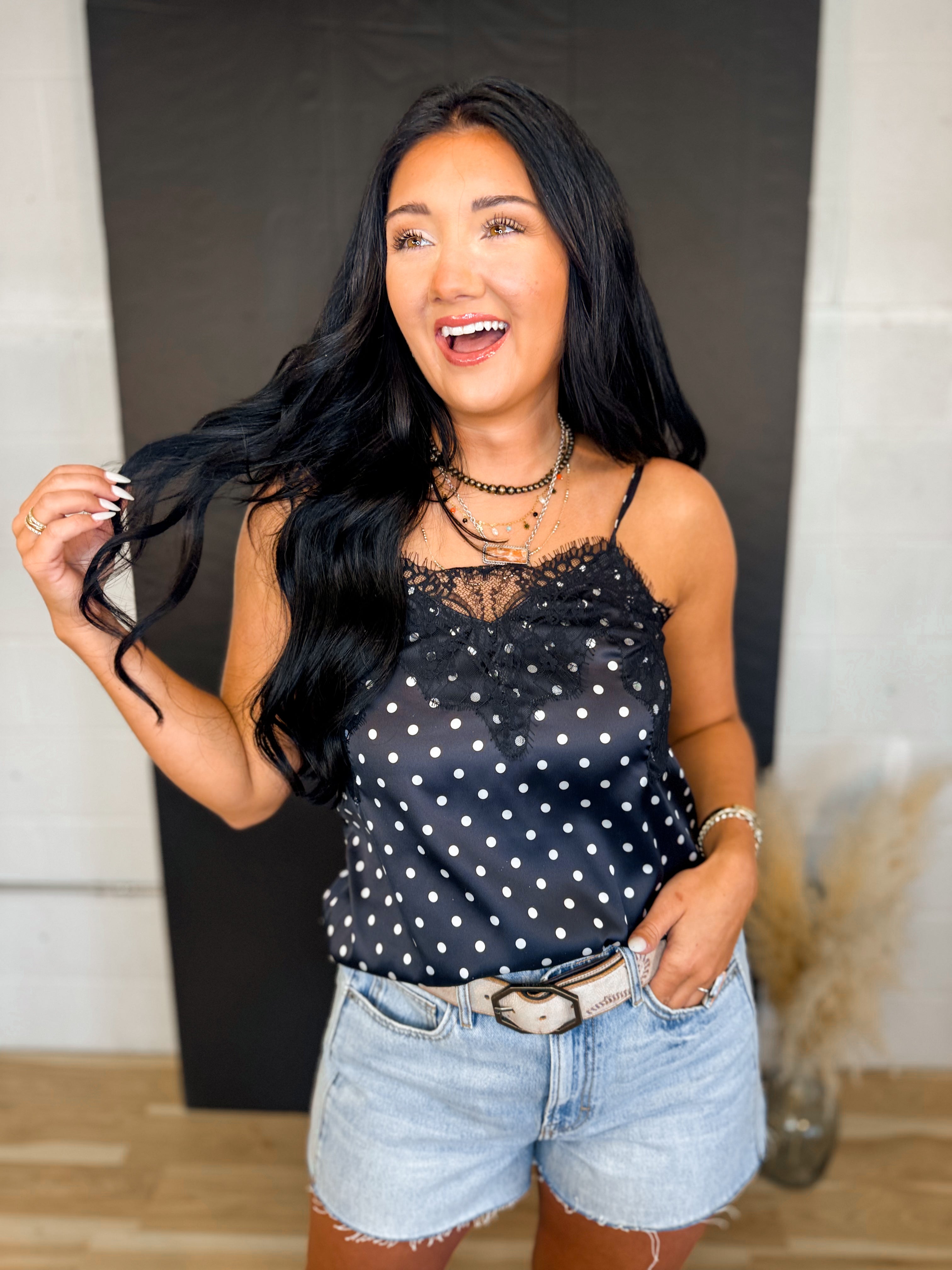 Polka Dot Lace Trim Satin Camisole Tank Top - Black - Lace and Grace Boutique