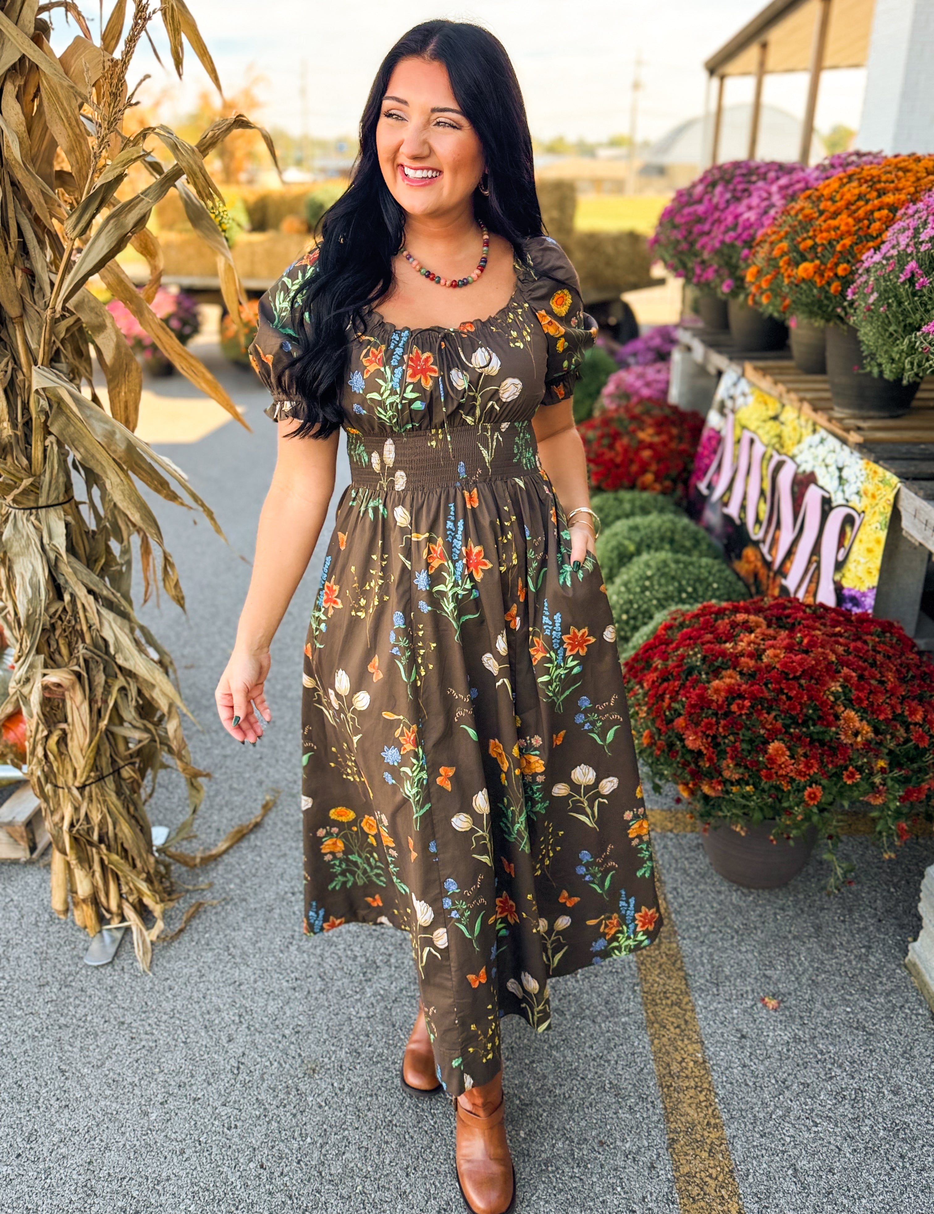 Wildflower Printed Smocked Maxi Dress - Mocha - Lace and Grace Boutique