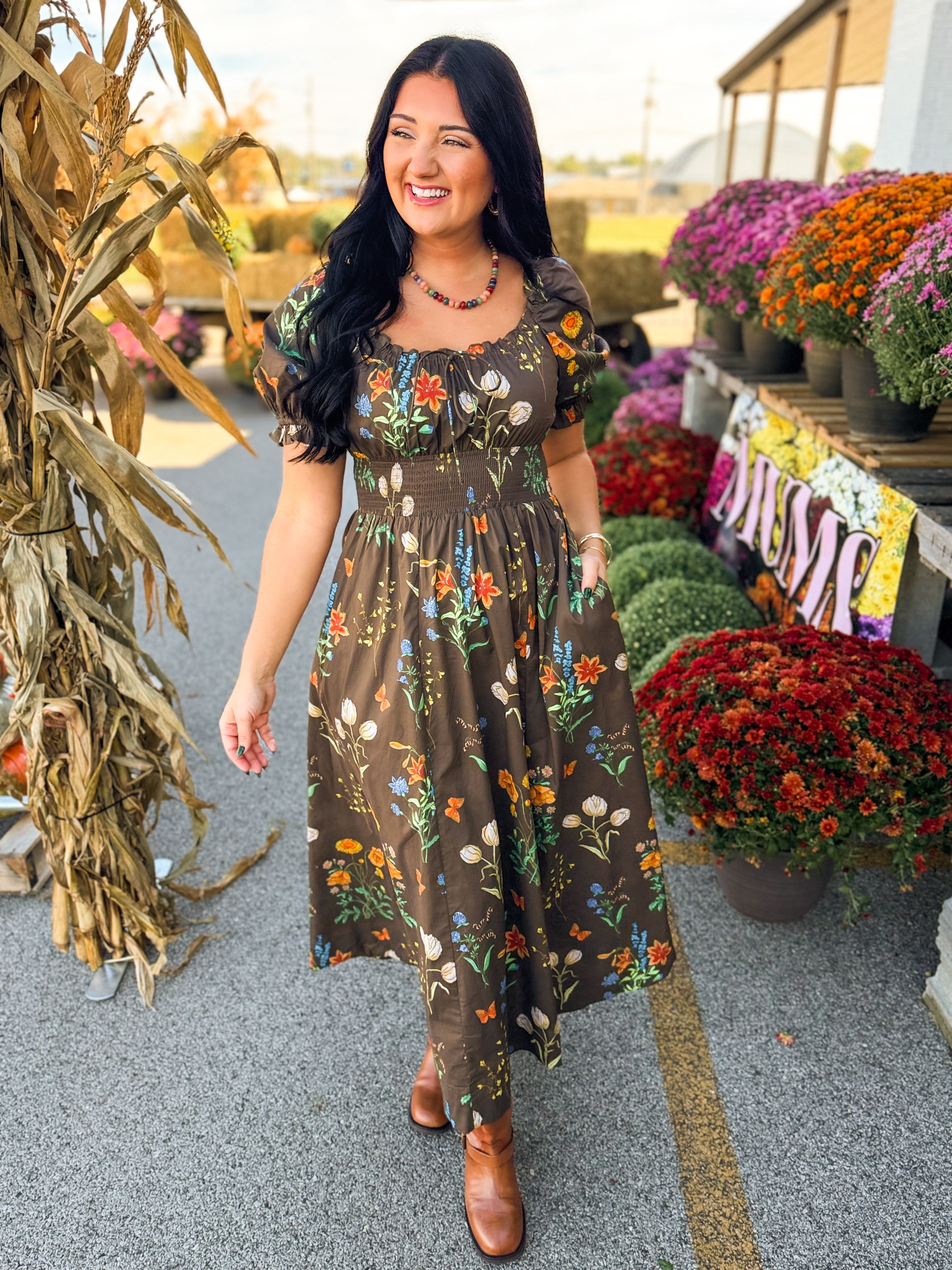 Wildflower Printed Smocked Maxi Dress - Mocha - Lace and Grace Boutique
