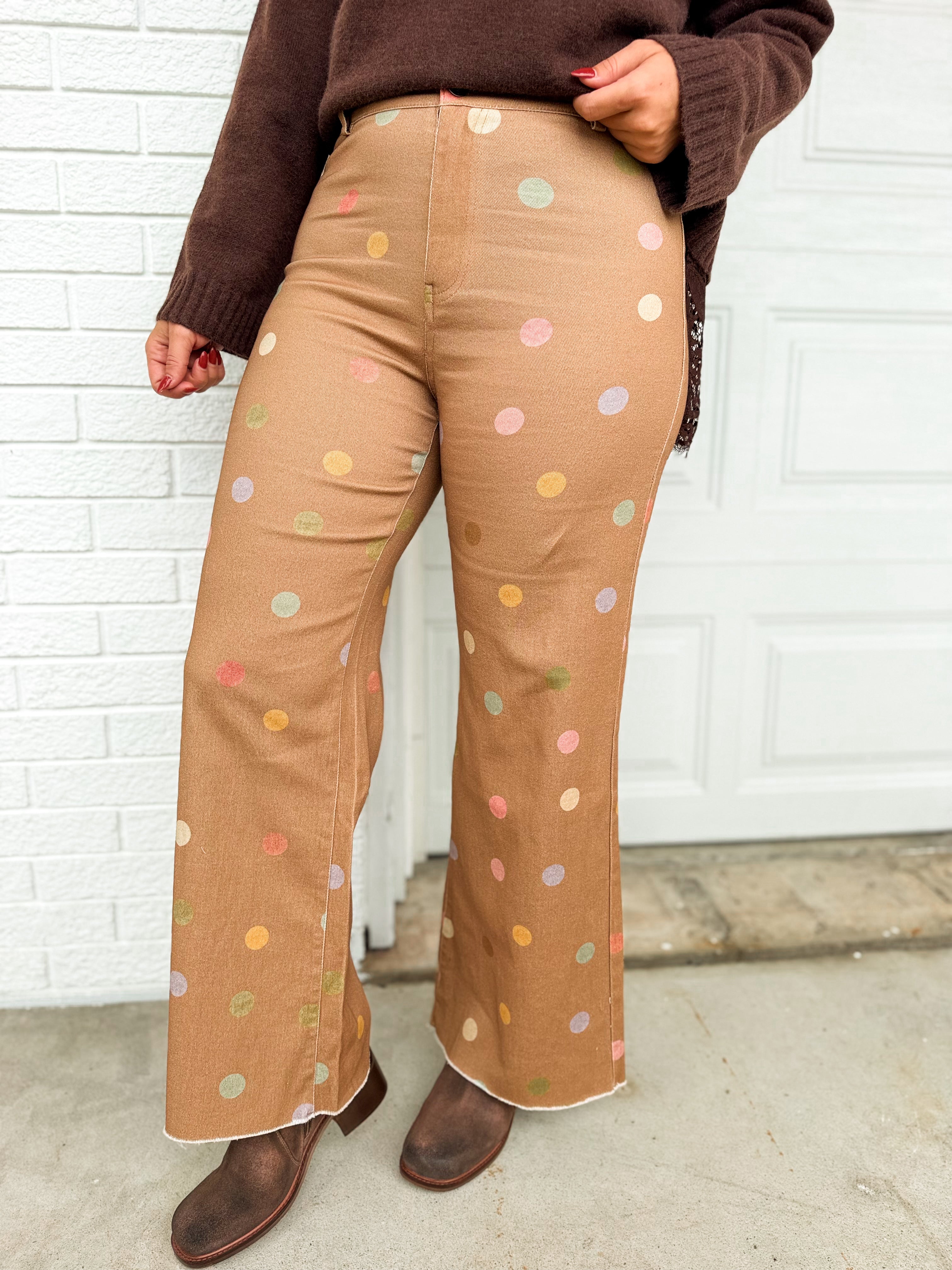 Pastel Polka Dot Cropped Wide Leg Jean - Mocha Multi - Lace and Grace Boutique