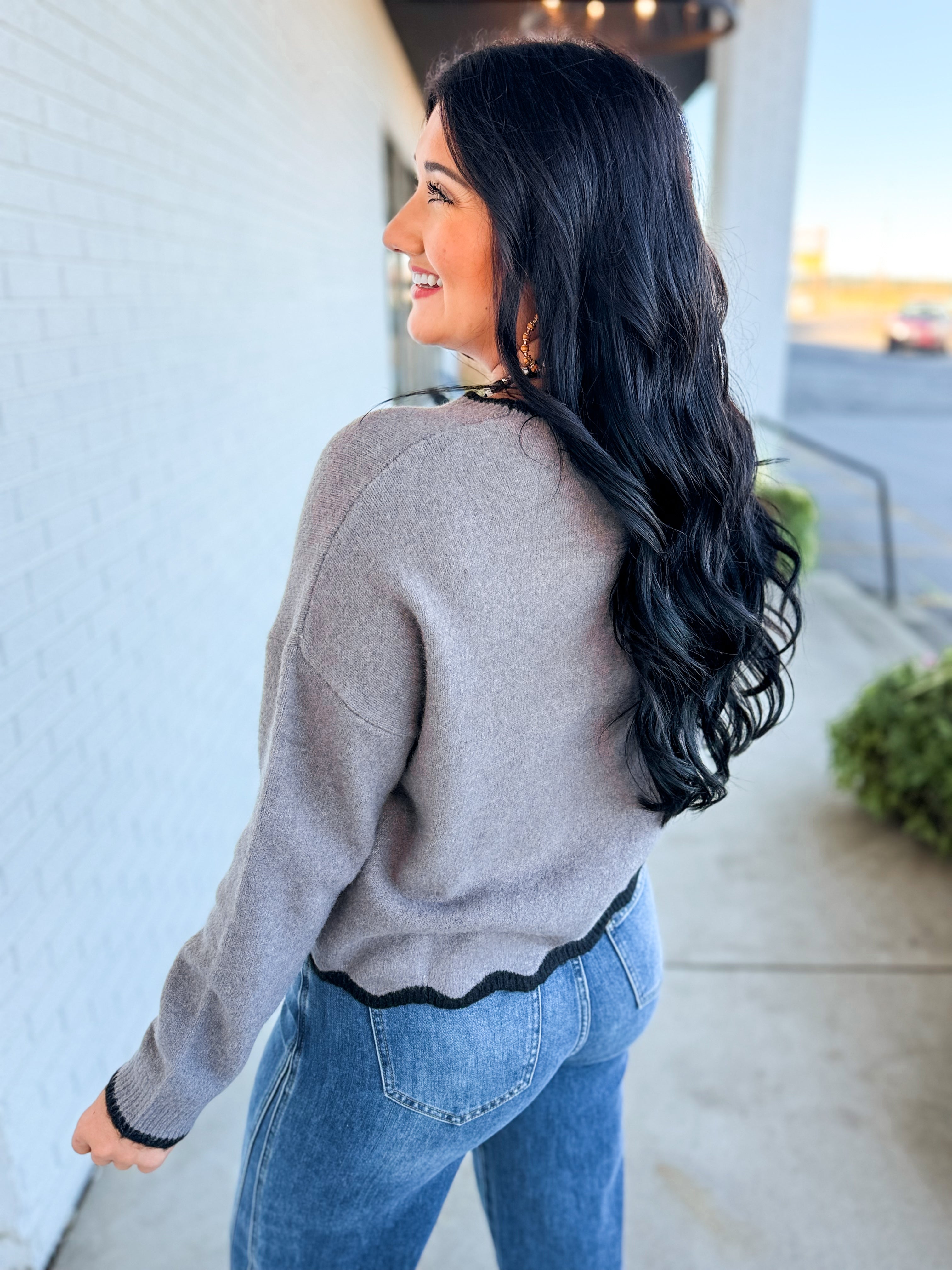 Simply Southern Flying Duck Scalloped Edge Knit Sweater - Grey - Lace and Grace Boutique