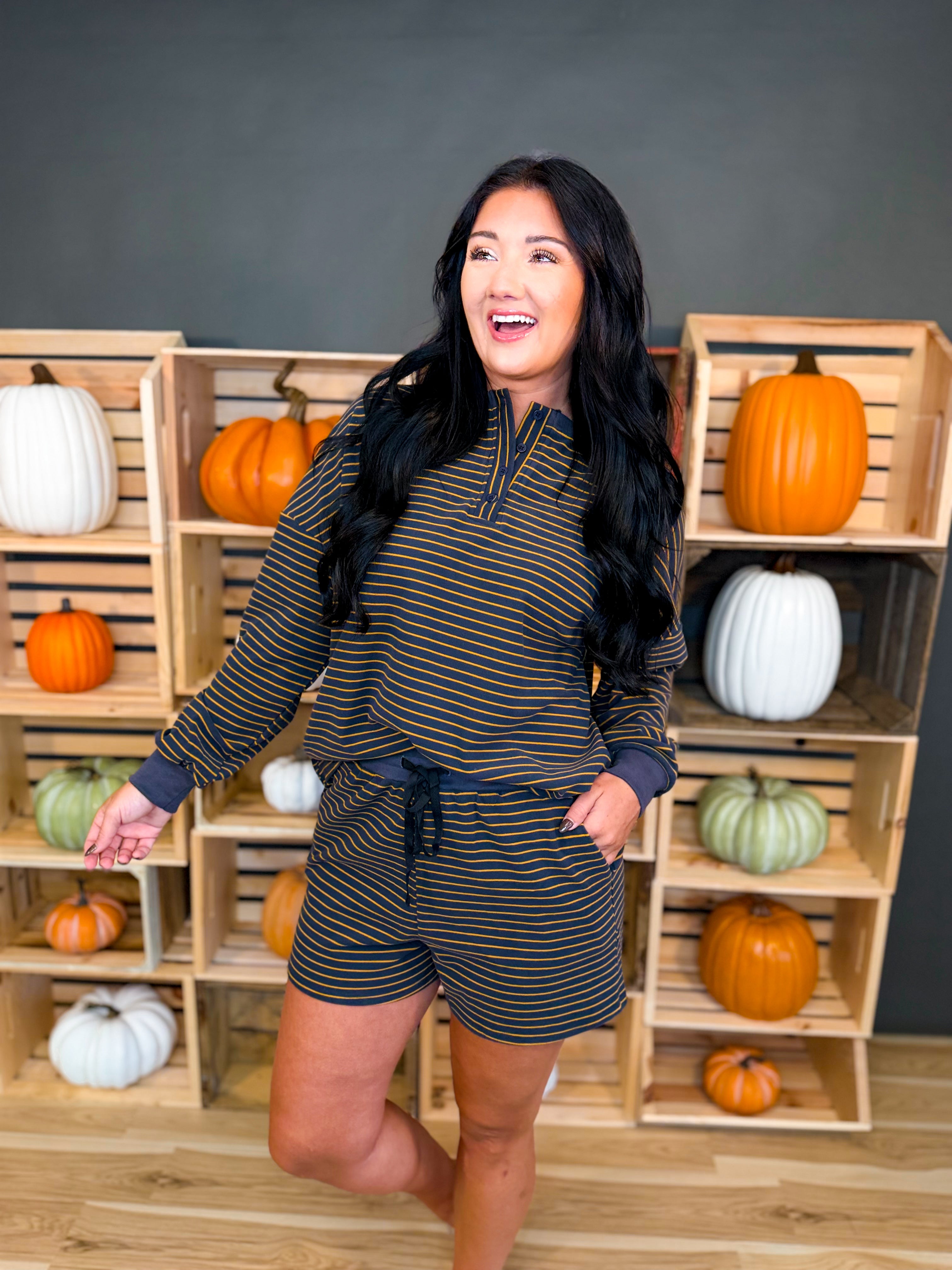 Soft Brushed Pinstripe Pullover & Shorts Set - Midnight - Lace and Grace Boutique