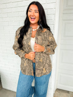Camo Print Denim Collar Button Up Shacket - Grey Multi - Lace and Grace Boutique