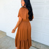 Smocked Washed Satin Tiered Maxi Dress - Sepia