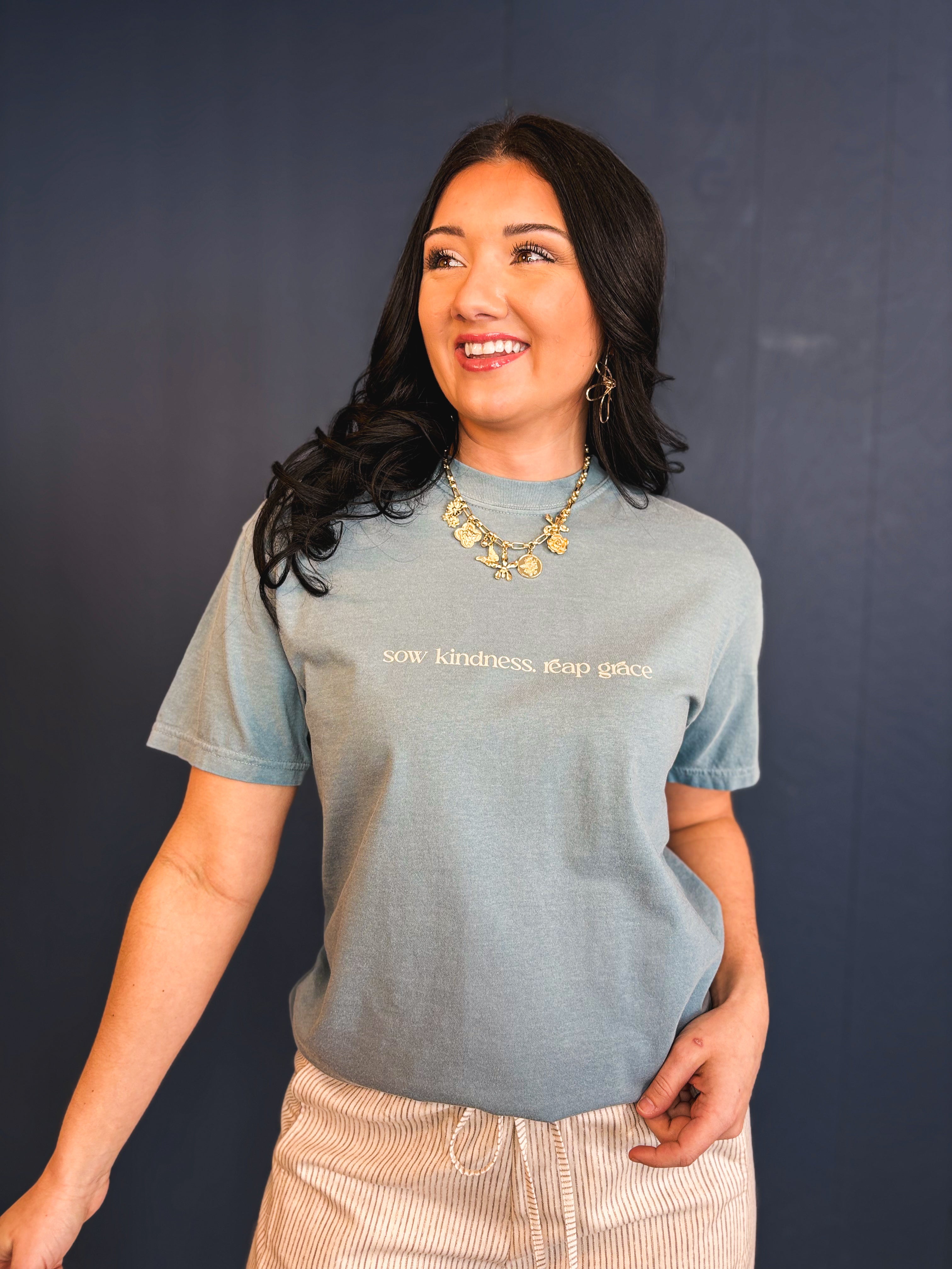 Sow Kindess, Reap Grace Seed Packet Tee - Blue Spruce - Lace and Grace Boutique
