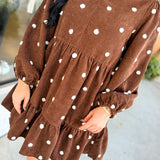 Pom-Pom Dot Corduroy Tiered Mini Dress - Chocolate