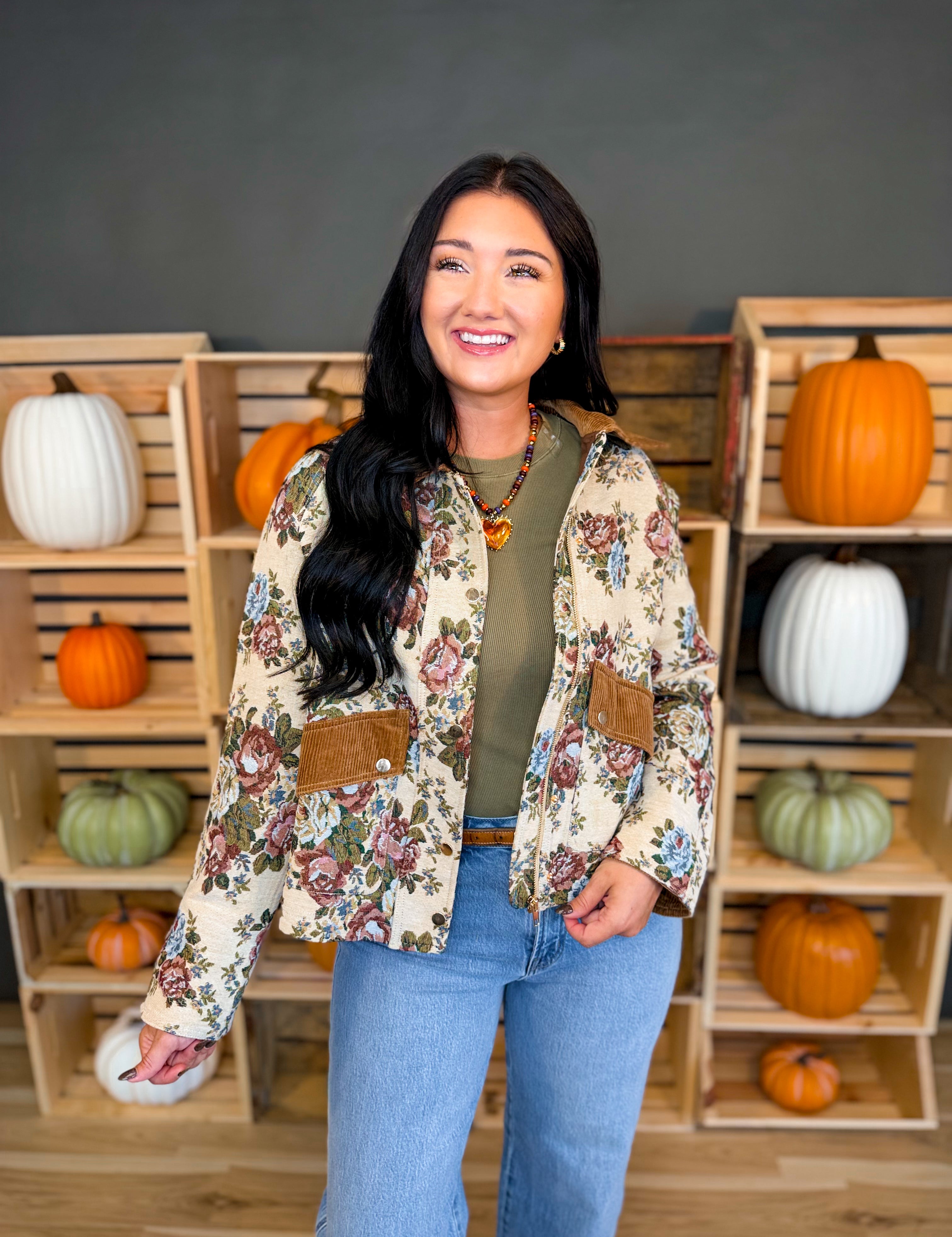 Vintage Floral Tapestry Corduroy Detail Jacket - Lace and Grace Boutique