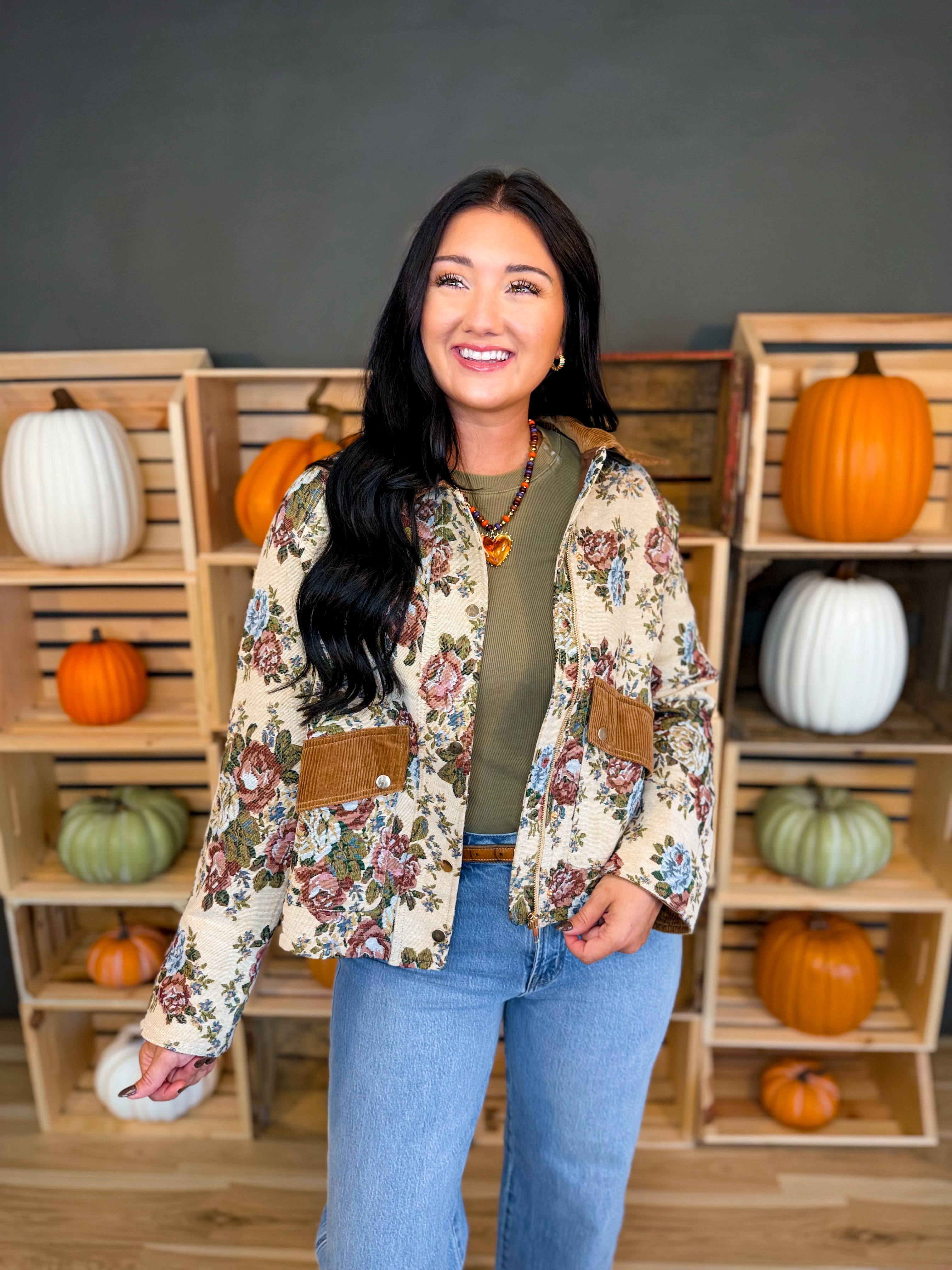 Vintage Floral Tapestry Corduroy Detail Jacket - Lace and Grace Boutique