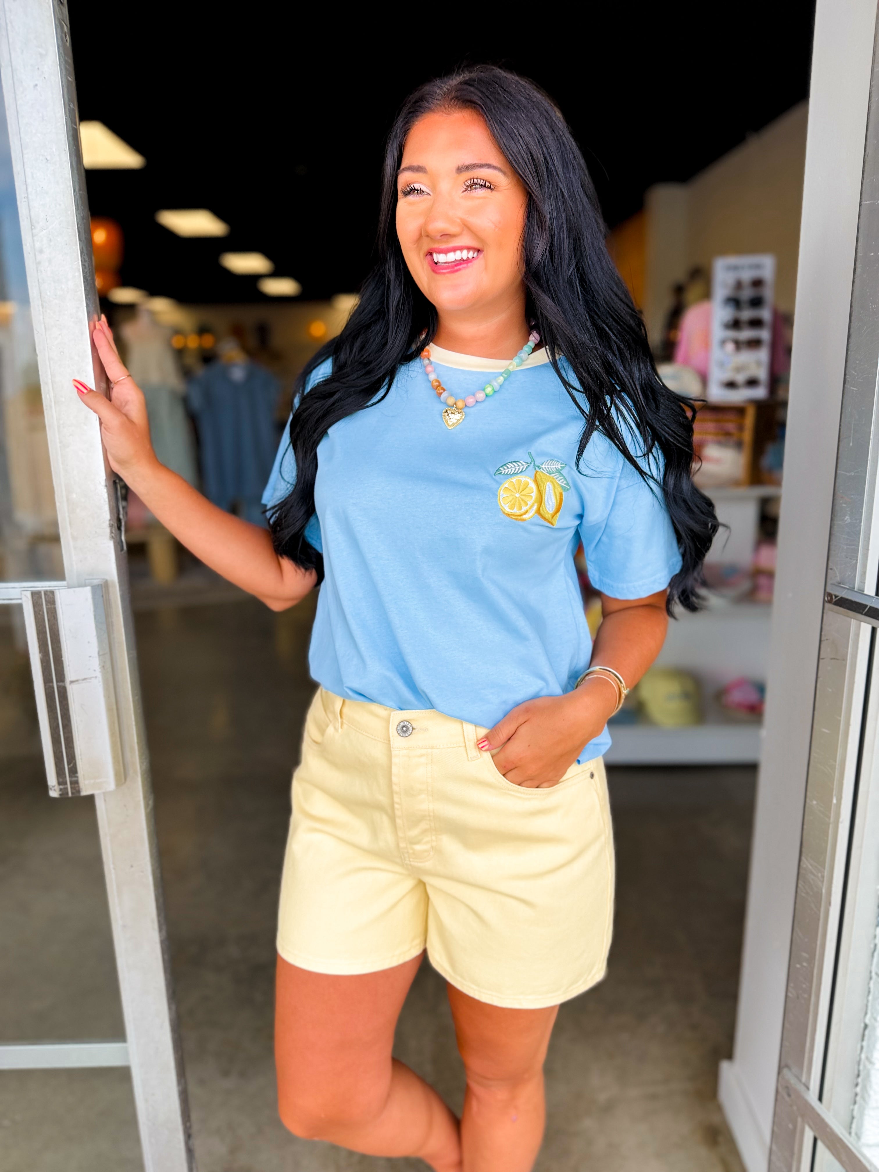 Lemon Embroidery Contrast Neck Tee - Sky - Lace and Grace Boutique